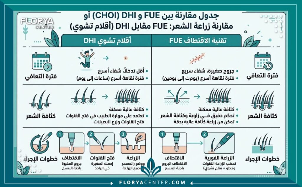 إنفوجرافيك مقارنة بين مميزات الفرق بين زراعة الشعر بتقنية CHOI وتقنية FUEمن حيث مدة الشفاء وكثافة الشعر.