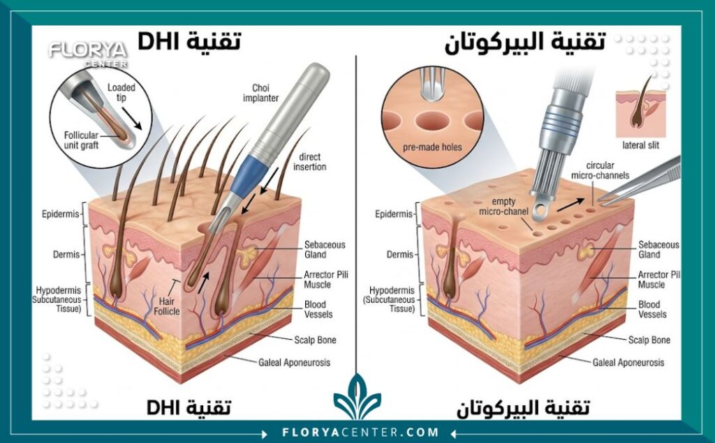 رسم تخطيطي يوضح الفرق التشريحي بين زراعة الشعر بتقنية DHI وتقنية البيركوتان.
