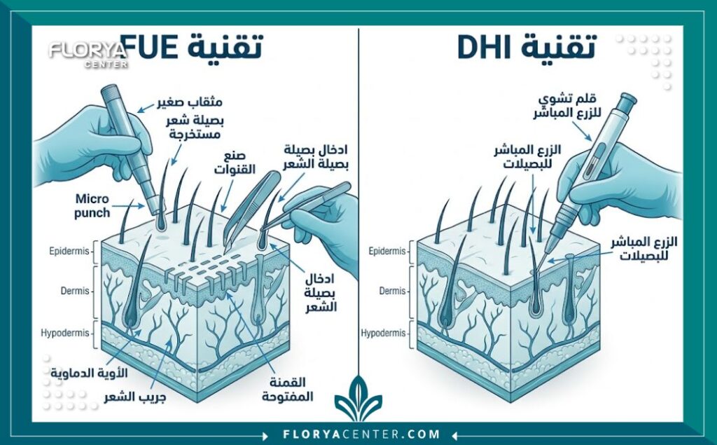 مخطط تشريحي يوضح الفرق الجوهري بين فتح القنوات في تقنية FUE والزرع المباشر باستخدام قلم تشوي في تقنية DHI.
