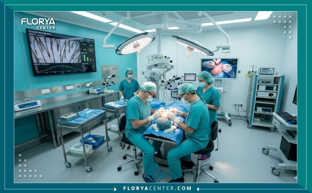 داخل غرفة عمليات معقمة مجهزة بأحدث الأجهزة لزراعة الشعر بتقنيات FUE و DHI في تركيا.