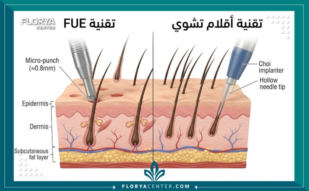 مخطط طبي يوضح الفرق في طريقة زرع البصيلات بين تقنية الاقتطاف FUE وأقلام تشوي DHI.