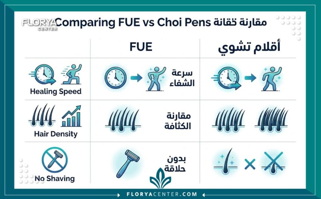 إنفوجرافيك مقارنة بين مميزات تقنية FUE وأقلام تشوي من حيث الكثافة وفترة الشفاء.