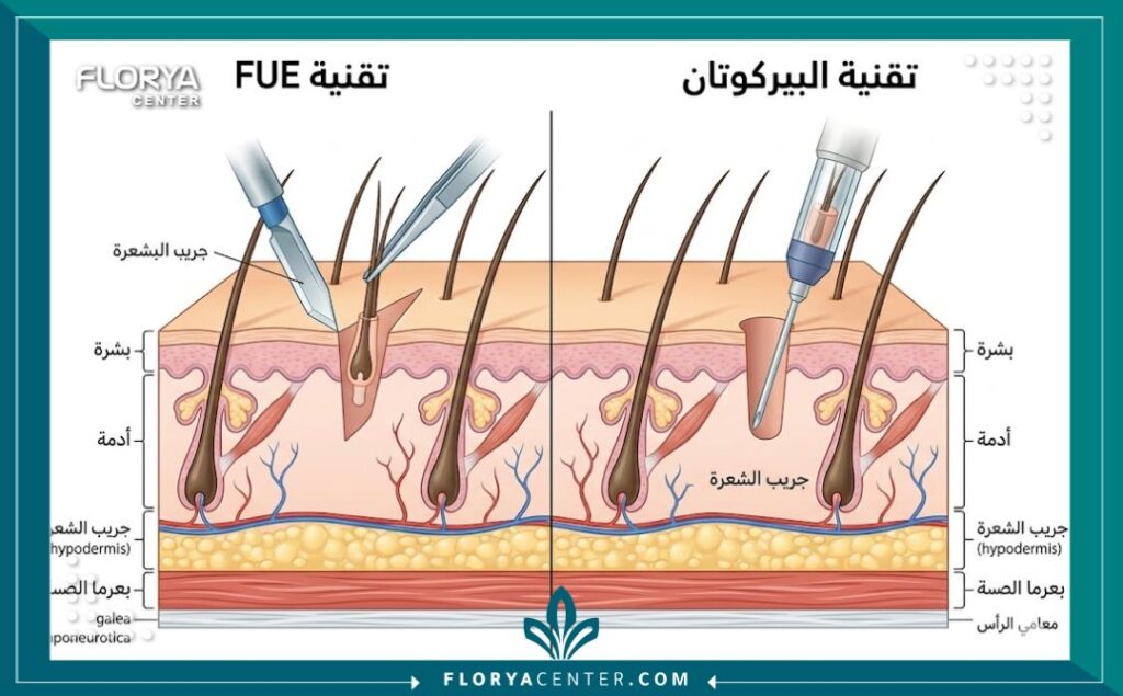رسم توضيحي طبي يقارن بين الفرق بين زراعة الشعر بتقنية FUE وتقنية البيركوتان و شكل القنوات في تقنية FUE وشكلها الدائري في تقنية البيركوتان.