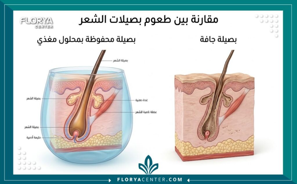 رسم تخطيطي طبي يوضح تأثير الخدمات المرافقة مثل حفظ البصيلات في المحاليل المغذية على نجاح زراعة الشعر.