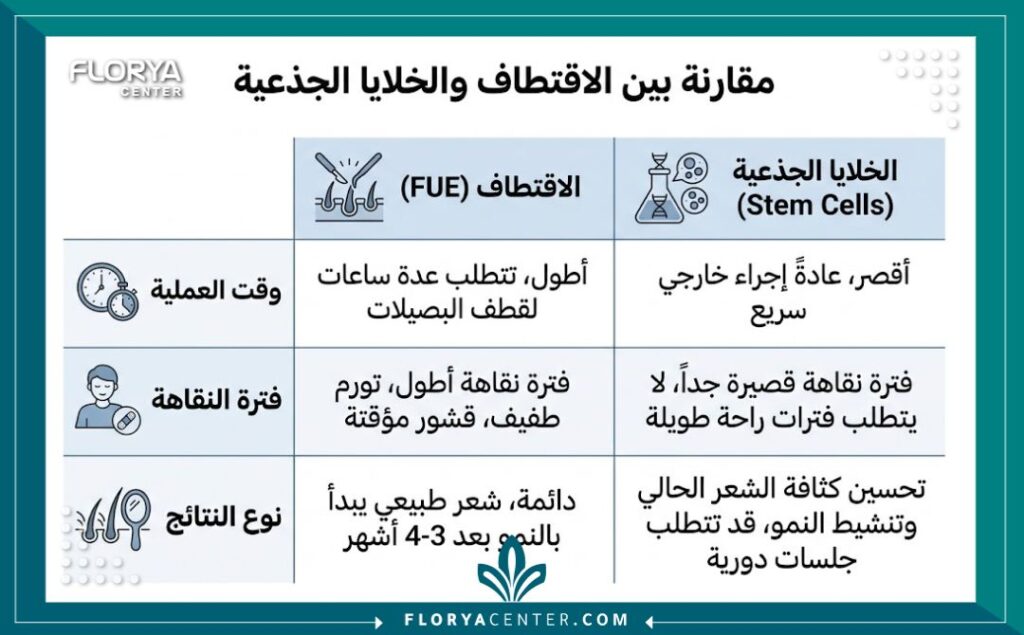 إنفوجرافيك يقارن بين مميزات وعيوب الفرق بين FUE والخلايا الجذعية.