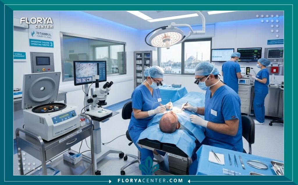داخل عيادة متخصصة لزراعة الشعر في تركيا مجهزة لتقنيات FUE والخلايا الجذعية.