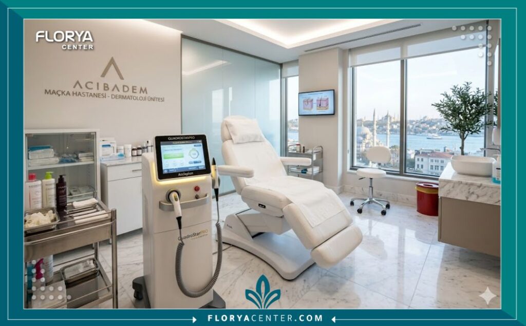 غرفة علاج معقمة وحديثة مجهزة بأحدث أجهزة الليزر الأصفر داخل مركز طبي متخصص في اسطنبول.