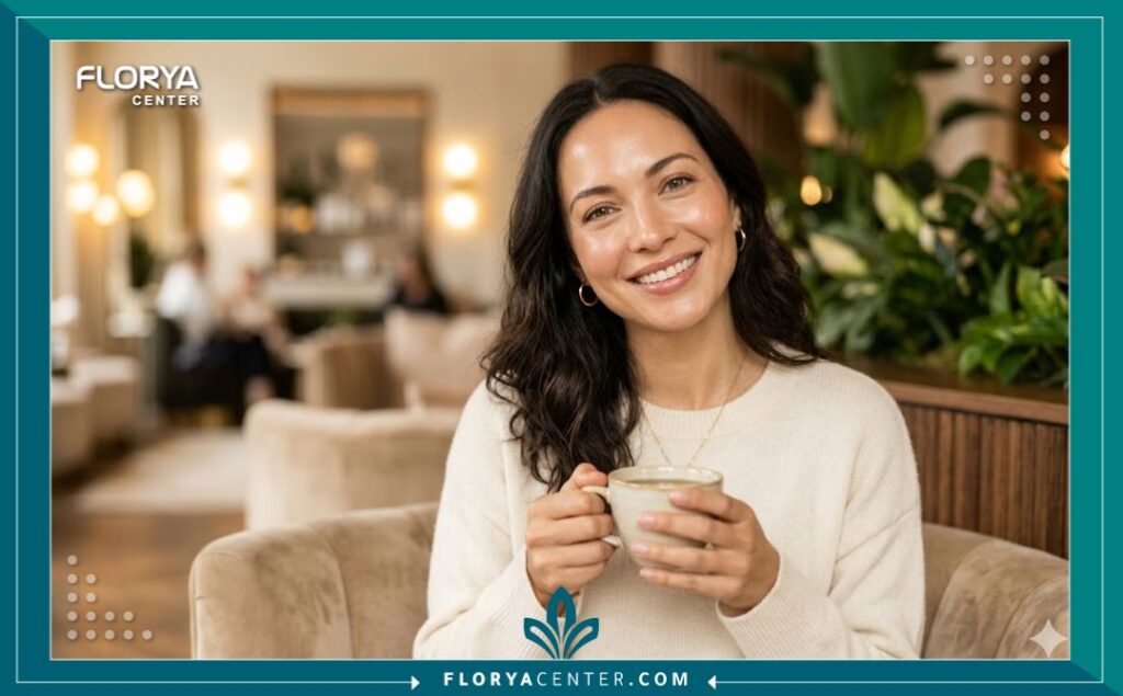 نتيجة مثالية لبشرة صافية ونضرة خالية من الاحمرار والوردية بعد الخضوع لعلاج الليزر الأصفر في تركيا.