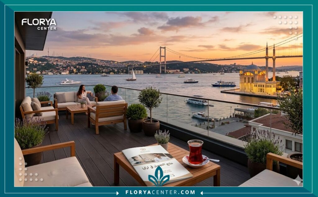الجمع بين السياحة والعلاج في اسطنبول: منظر خلاب للبوسفور من شرفة مركز طبي لعلاج الوردية بالليزر الأصفر.