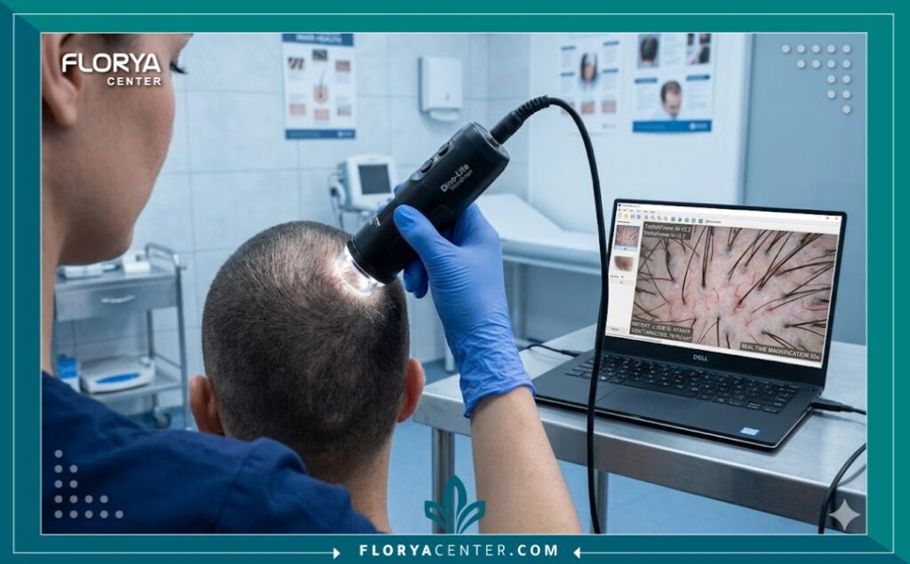 لقطة قريبة لاستخدام جهاز التريكوسكوب الرقمي لفحص كثافة وجودة بصيلات الشعر في المنطقة المانحة أثناء المعاينة من اجل عملية زراعة الشعر.