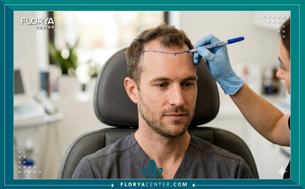 جراح زراعة الشعر يقوم برسم وتصميم خط الشعر الأمامي الجديد للمريض باستخدام قلم جراحي خاص خلال التخطيط للمعاملة.