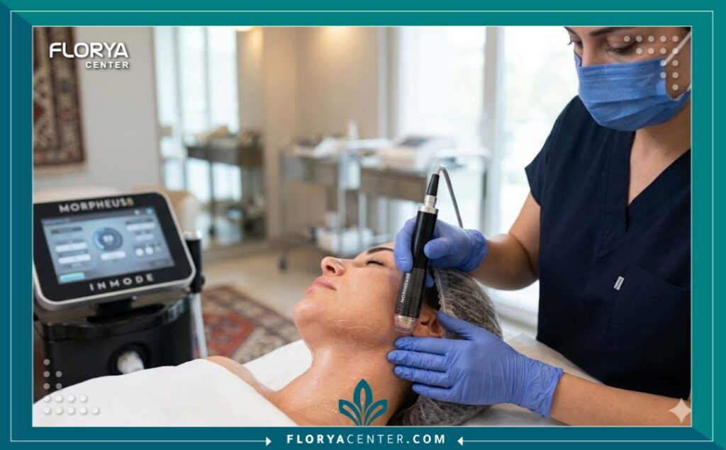 لقطة مقربة لإجراء عملية شد الرقبة باستخدام جهاز المورفيوس 8 في عيادة تجميل في تركيا.