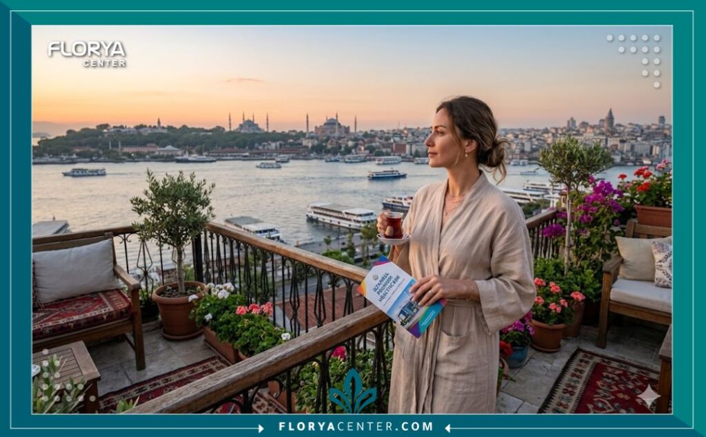 امرأة تسترخي في اسطنبول بعد الخضوع لعلاج المورفيوس 8 لشد الجلد، مع إطلالة على آيا صوفيا.