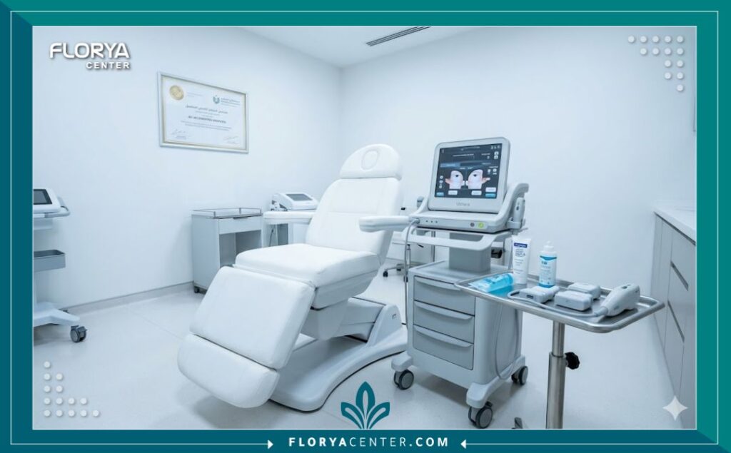 غرفة علاج معقمة ومجهزة بأحدث أجهزة الهايفو لشد الوجه والرقبة في مستشفى تجميل متخصص في تركيا.