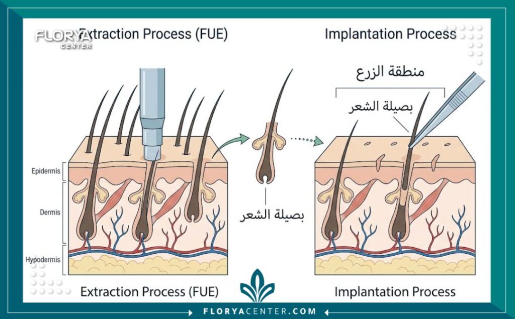 مخطط طبي يوضح الفرق بين زراعة بصيلات الشعر الحقيقية وبين الوصل المحرم.