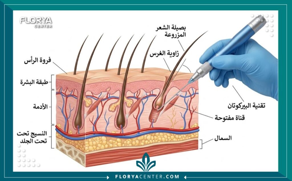 مخطط طبي تشريحي يوضح كيفية غرس بصيلات الشعر بدقة في فروة الرأس باستخدام إبر البيركوتان الخاصة وزاوية الغرس الطبيعية.