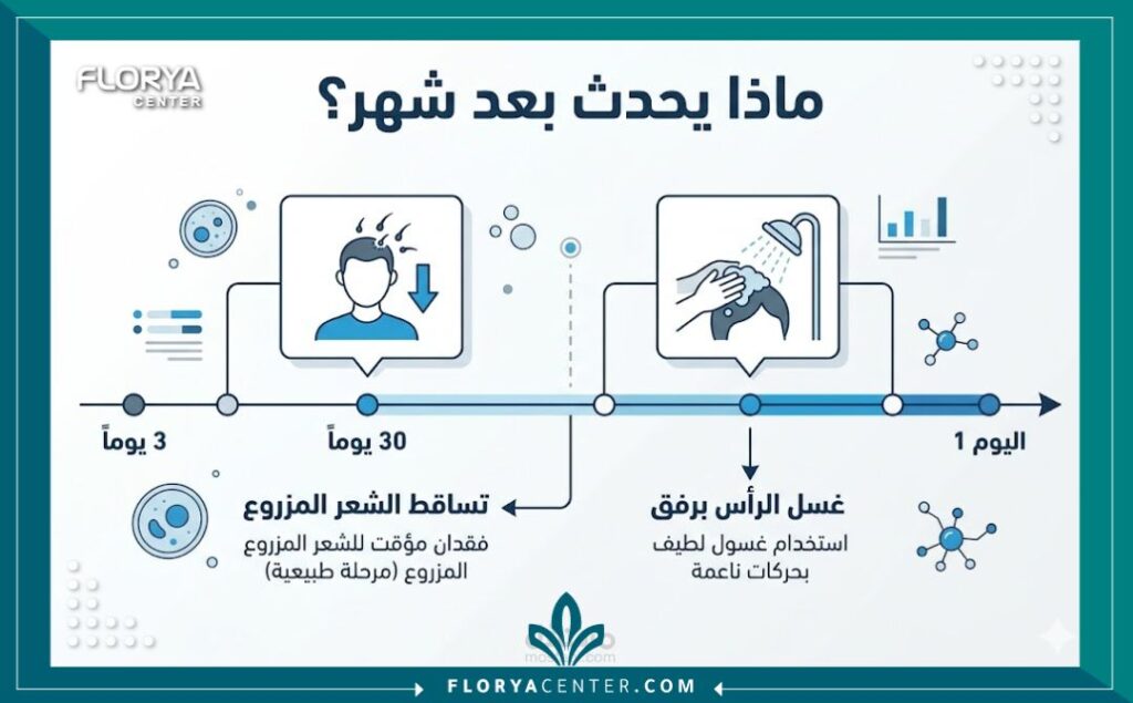 إنفوجرافيك يوضح أهم النصائح والتوقعات بعد زراعة الشعر بشهر.