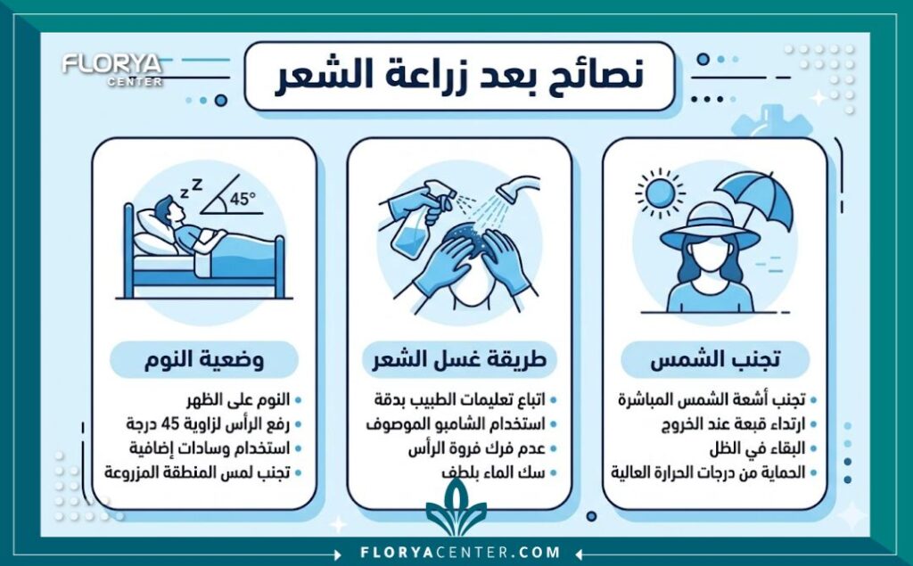 إنفوجرافيك نصائح العناية بالشعر وطرق النوم الصحيحة بعد عملية زراعة الشعر.