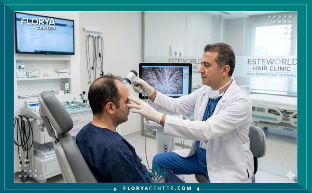 متابعة طبية داخل عيادة زراعة شعر متطورة في تركيا بعد الإجراء الجراحي.