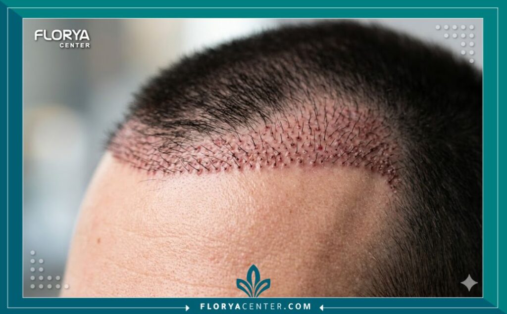 لقطة مقربة توضح دقة زراعة البصيلات وكثافة الشعر في مقدمة الرأس.