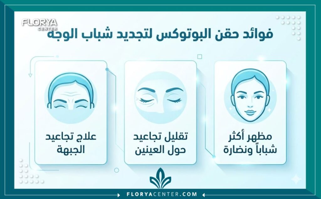 انفوجرافيك يوضح فوائد بوتوكس الوجه في تركيا في إخفاء تجاعيد الجبهة وتجديد الشباب.