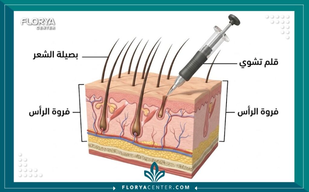 تجارب زراعة الشعر للنساء 2 مخطط توضيحي لتقنية DHI المستخدمة في تجارب زراعة الشعر للنساء بدون حلاقة.