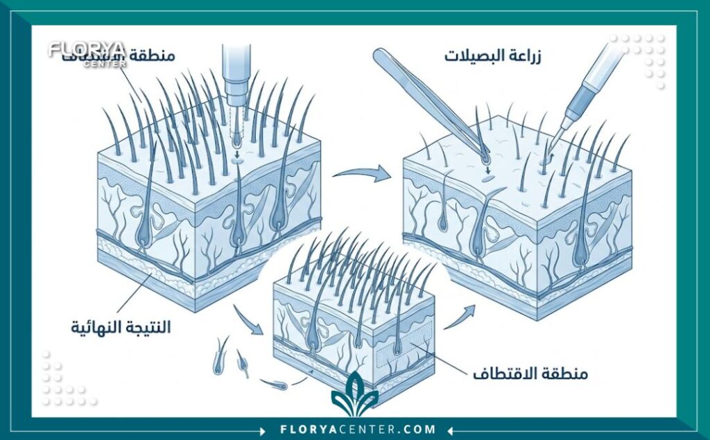 رسم توضيحي طبي يشرح مراحل اقتطاف وزراعة بصيلات الشعر في فروة الرأس.