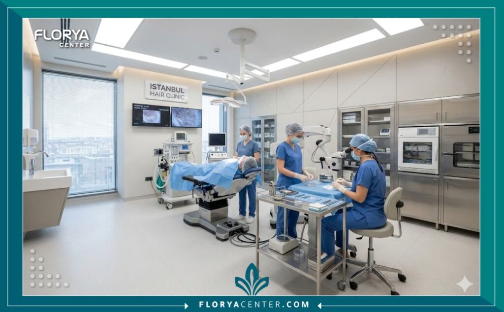 غرفة عمليات حديثة ومجهزة بأحدث التقنيات لزراعة الشعر في أحد مستشفيات اسطنبول المتخصصة.