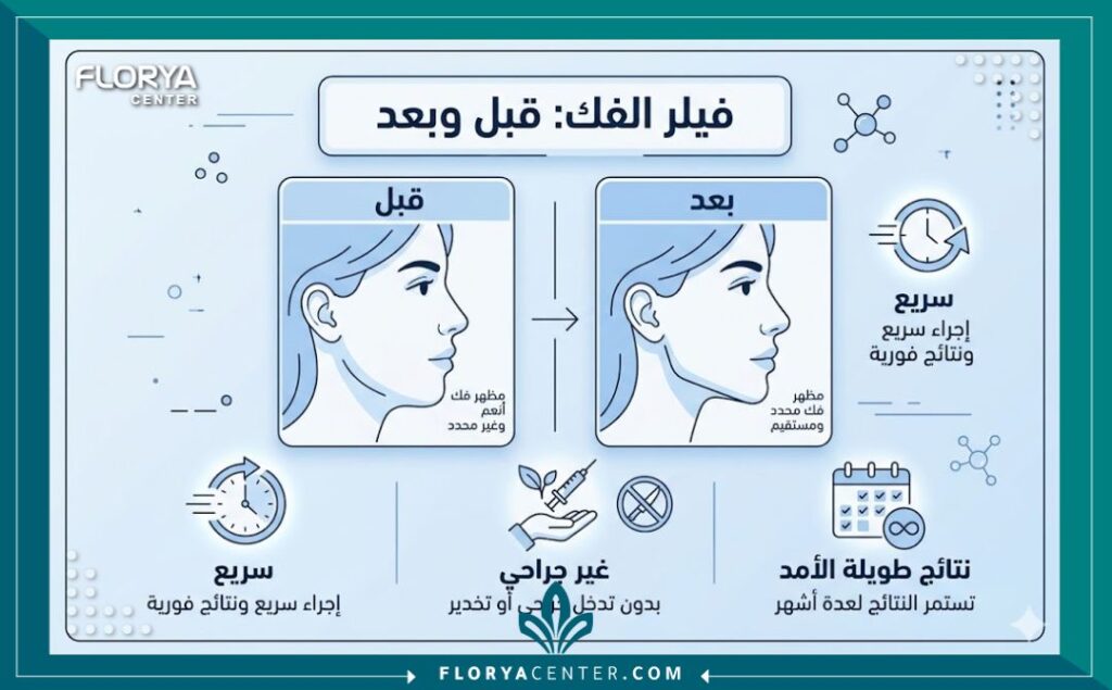 إنفوجرافيك يوضح مقارنة قبل وبعد حقن فيلر الفك (تكساس) ومميزات الإجراء لتعريض الفك.