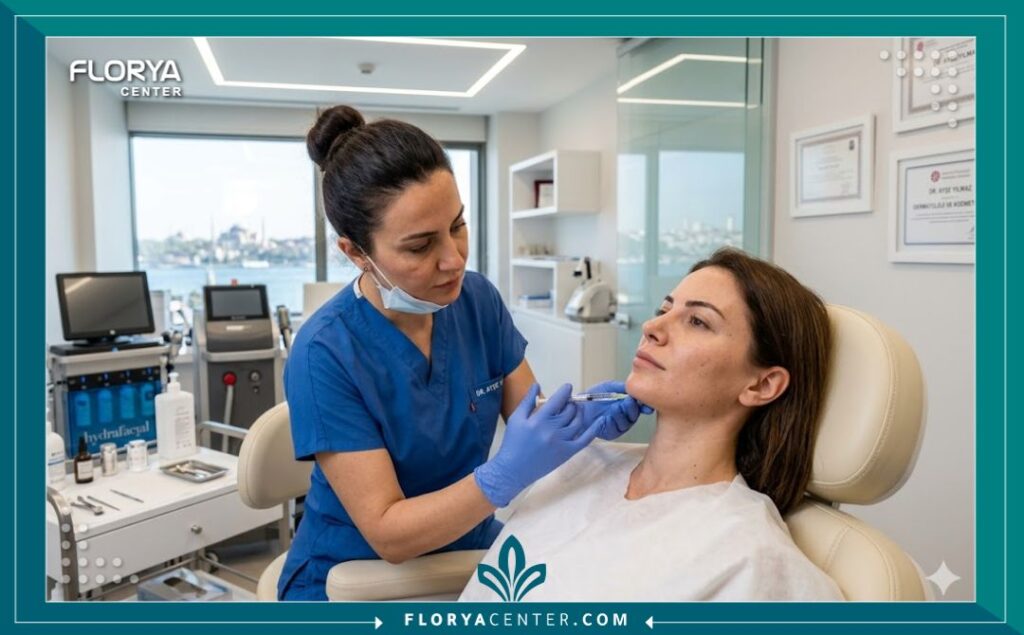 طبيبة جلدية متخصصة تقوم بحتحديد الفك بالفيلر في تركيا لمريضة داخل عيادة تجميل تتبع أعلى معايير التعقيم.