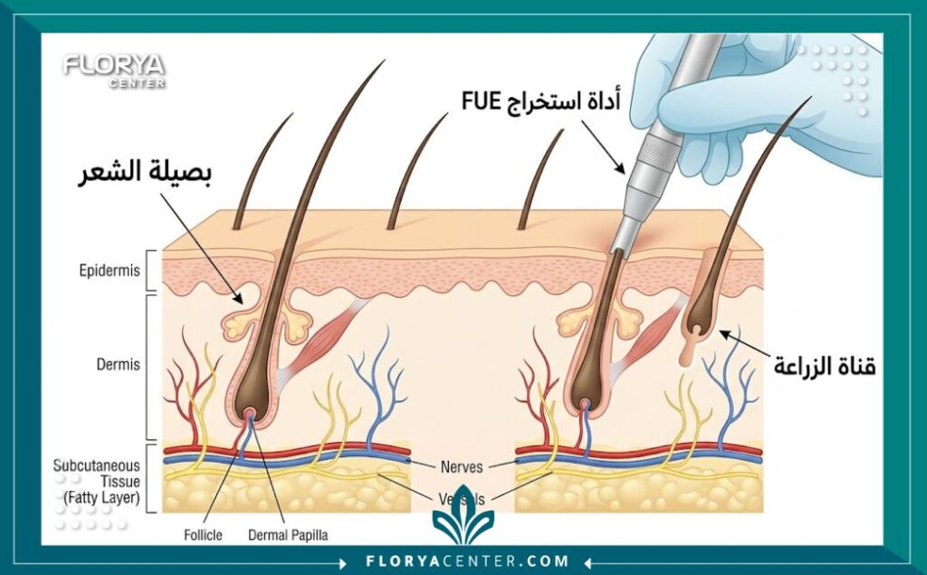 رسم توضيحي يشرح تشريح فروة الرأس وتقنية اقتطاف البصيلات المستخدمة في مشافي تركيا.