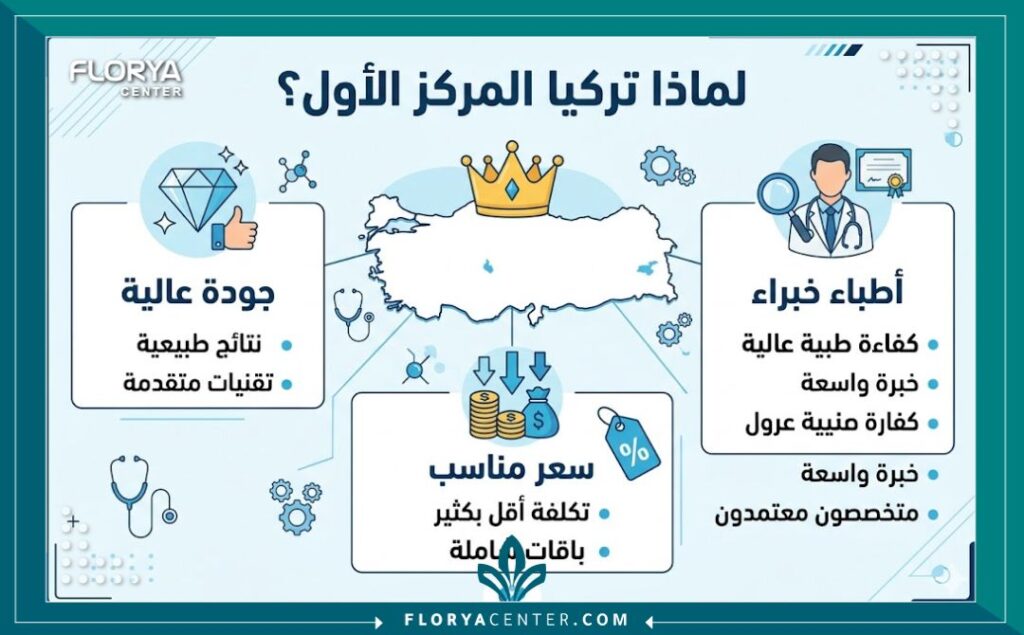إنفوجرافيك يوضح أسباب تصدر تركيا المركز الاول في زراعة الشعر من حيث التكلفة والجودة.