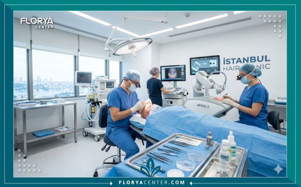 داخل إحدى غرف العمليات الحديثة والمجهزة بأحدث تقنيات زراعة الشعر في إسطنبول تركيا.
