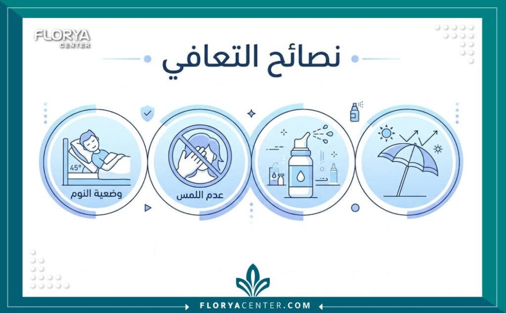 إنفوجرافيك يوضح أهم نصائح وتعليمات بعد عملية زراعة الشعر لتجنب تساقط البصيلات.