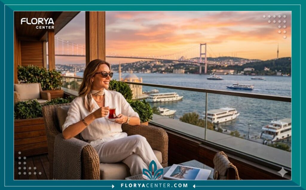 سيدة تستمتع بوقتها في اسطنبول وتطل على البوسفور مباشرة بعد إجراء تقشير أحماض الفواكه المجمع دون حاجة للنقاهة.