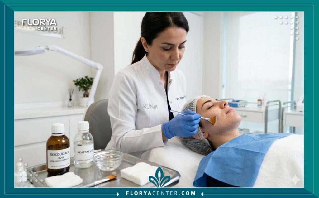 طبيبة جلدية متخصصة تطبق محلول تقشير حمض الجليكوليك على وجه مريضة داخل عيادة تجميلية معقمة في تركيا.