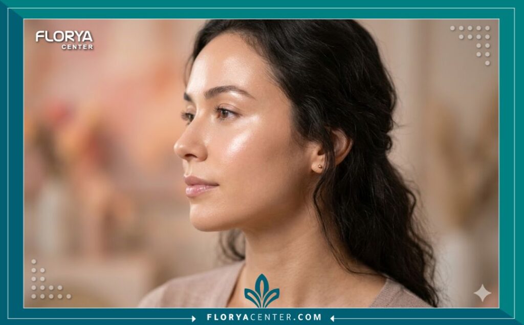 لقطة مقربة تبرز ملمس البشرة الناعم ولمعانها الطبيعي بعد الخضوع لجلسات تقشير أحماض الفواكه للتخلص من البهتان.