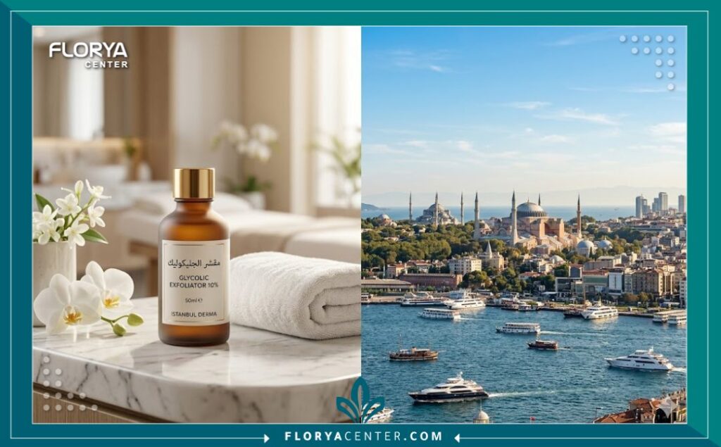 الجمع بين السياحة والعلاج في تركيا: منظر لمدينة إسطنبول مع مستحضرات تجميلية ترمز لرحلة استعادة نضارة البشرة.
