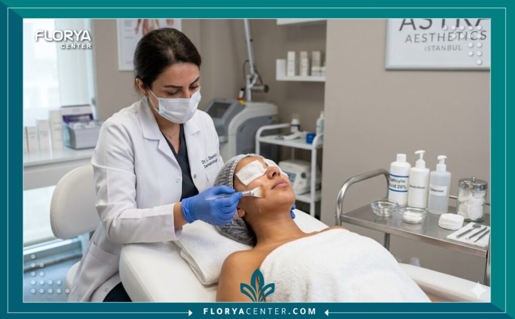 صورة فوتوغرافية احترافية تُظهر طبيبة جلدية في عيادة تجميلية حديثة في تركيا تقوم بتطبيق تقشير حمض الساليسيليك بعناية على بشرة مريض لعلاج حب الشباب.