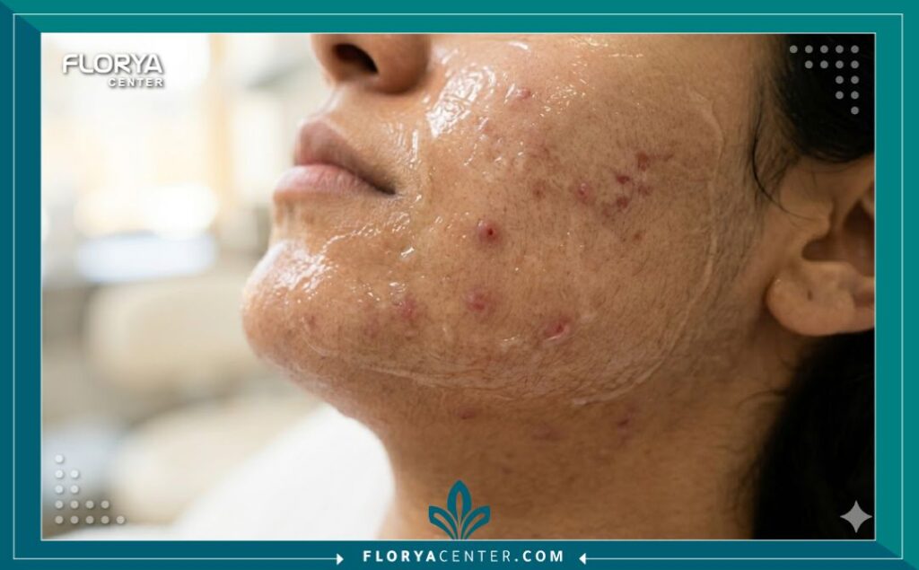 صورة مقربة جمالية تركز على بشرة الوجه المعرضة لحب الشباب أثناء تطبيق تقشير حمض الساليسيليك لتقليل الدهون وتنظيف المسام.