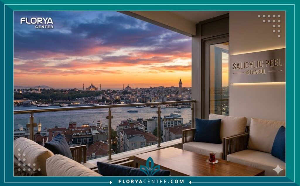 منظر بانورامي ساحر لمدينة اسطنبول وقت الغروب، يعكس أجواء السياحة العلاجية والراحة النفسية أثناء تجربة تقشير حمض الساليسيليك لحب الشباب في تركيا.