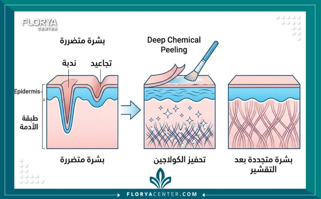 رسم تخطيطي طبي يوضح كيفية عمل التقشير العميق في علاج الندبات وحفر الوجه وتحفيز الكولاجين.