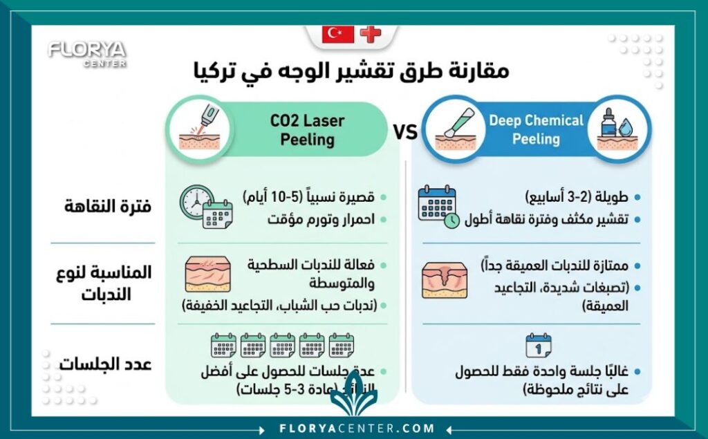 انفوجرافيك طبي يقارن بين تقشير للندبات والتجاعيد في تركيا  الليزر الكربوني والتقشير الكيميائي من حيث النتائج وفترة النقاهة.