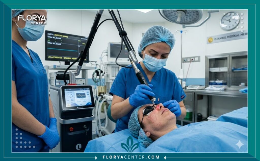 طبيبة جلدية تركية تُجري جلسة تقشير بالليزر لكسور الجلد (Fractional Laser) لعلاج الندبات في مستشفى حديث في اسطنبول.