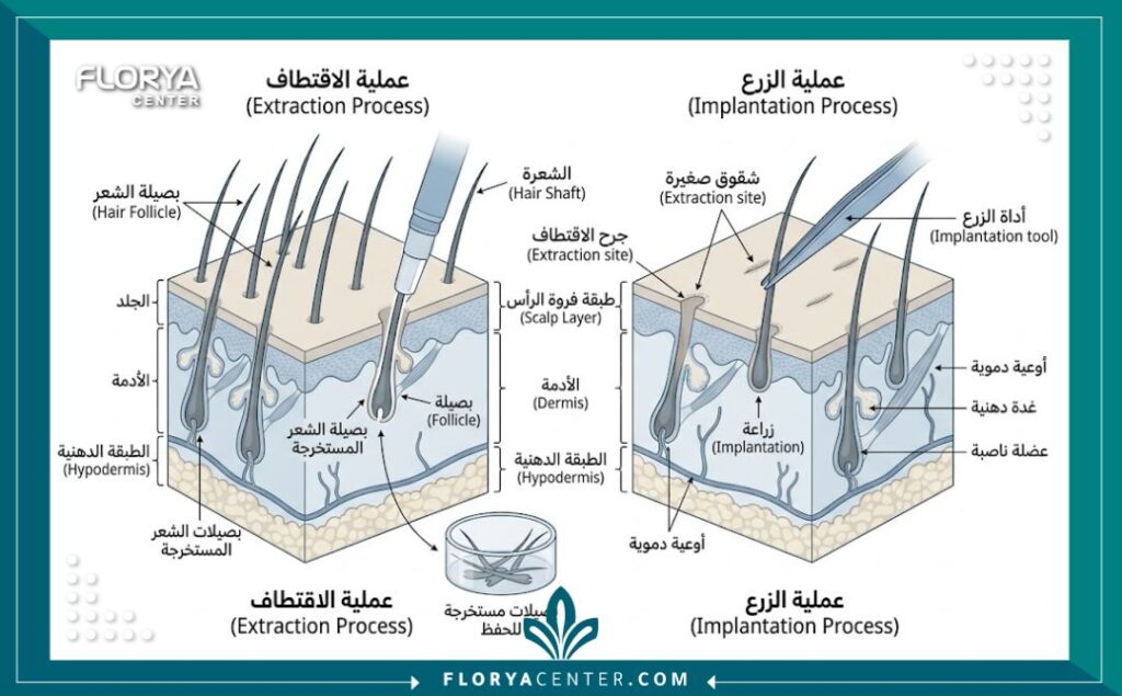 رسم توضيحي طبي يشرح تشريح فروة الرأس وآلية زراعة بصيلات الشعر.