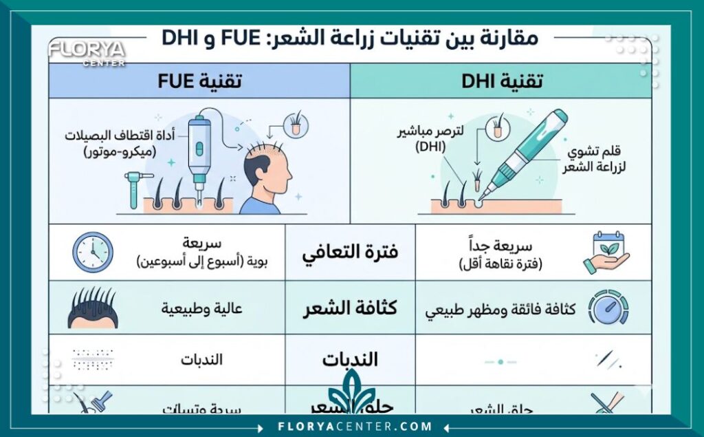 إنفوجرافيك مقارنة بين تقنيات زراعة الشعر بالاقتطاف FUE وأقلام تشوي DHI.