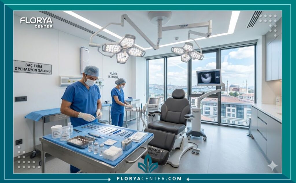 غرفة عمليات معقمة ومجهزة بأحدث الأجهزة لزراعة الشعر في أفضل مستشفيات تركيا.