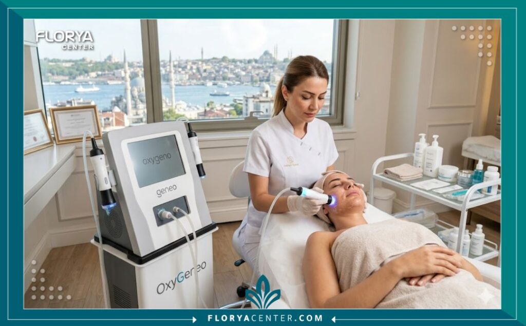 لقطة واقعية من داخل عيادة تجميل احترافية ومعقمة في اسطنبول، تظهر معالجة تقوم بإجراء تقنية الأكسجينيو للوجه لمريضة باستخدام الجهاز المخصص، وسط أجواء مريحة وطبية.