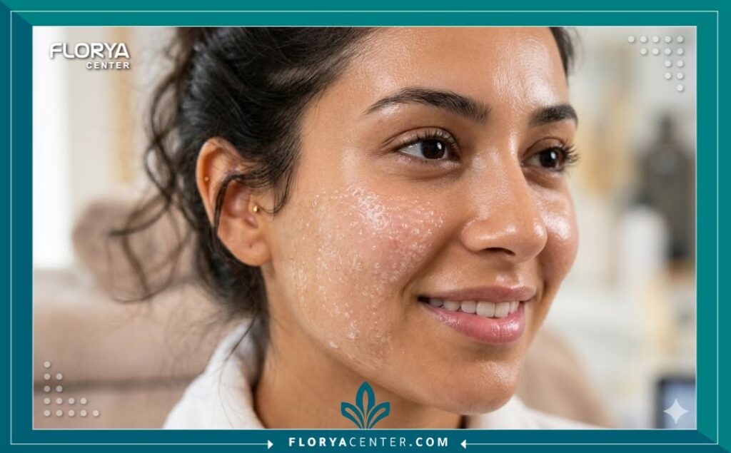 لقطة قريبة جدًا لوجه موديل تظهر بوضوح نتائج تقنية الأكسجينيو في تركيا: بشرة مشدودة، ممتلئة، ومشرقة مع اختفاء الفقاعات الدقيقة، مما يبرز النضارة والتفتيح الفوري للبشرة.