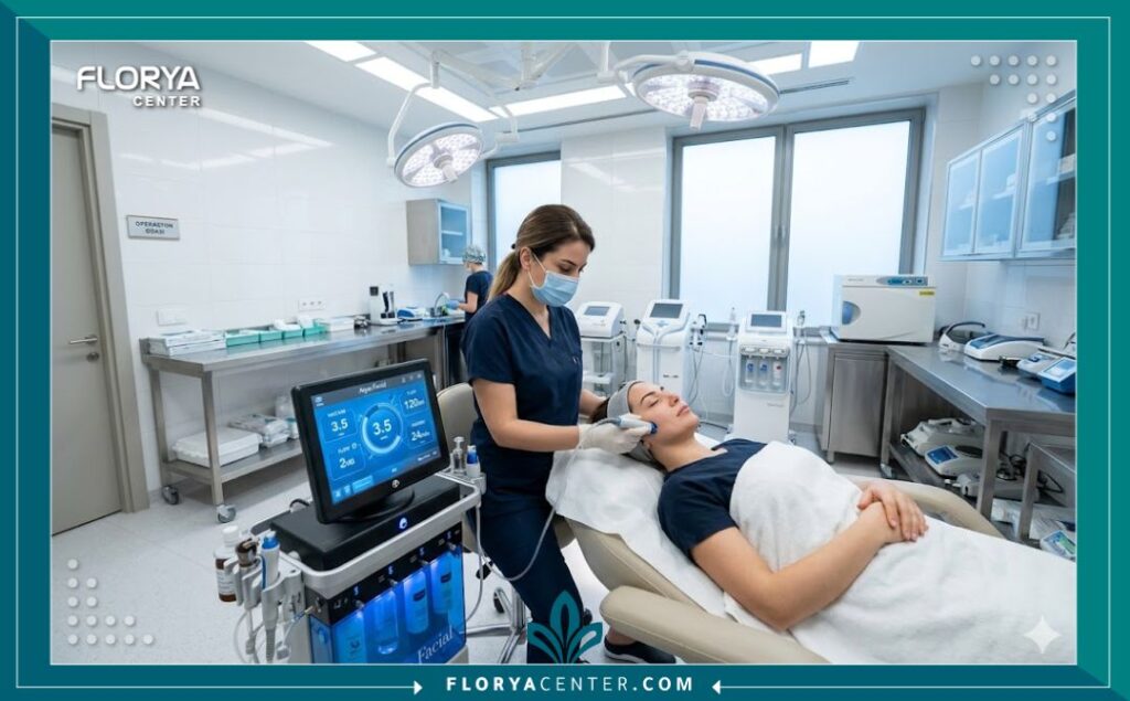 أخصائية تجميل تقوم بإجراء علاج الأكوا فيشل لمريض في عيادة طبية حديثة ومعقمة بإسطنبول.
